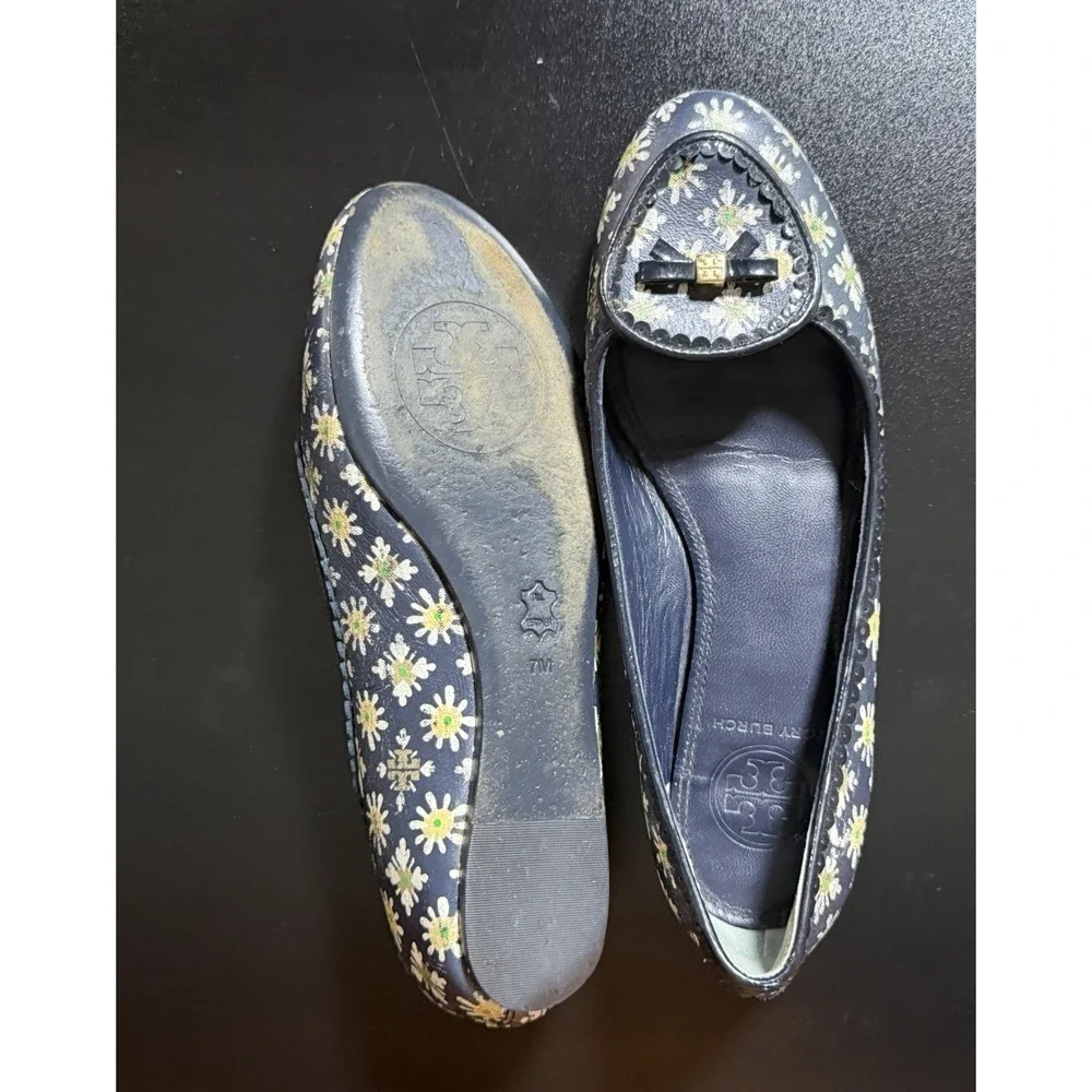 Tory Burch Reva Floral Print Ballet Flats Daisy Leather Women's Size 7 Logo